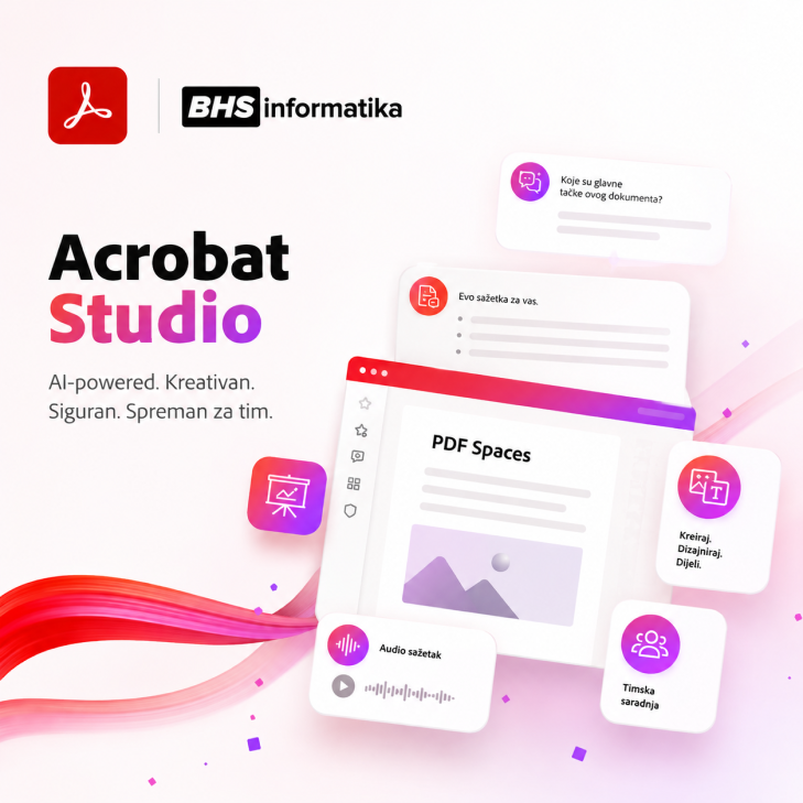 Adobe Acrobat Studio AI workspace vizual sa PDF Spaces, AI chat funkcijama i BHSInformatika logom